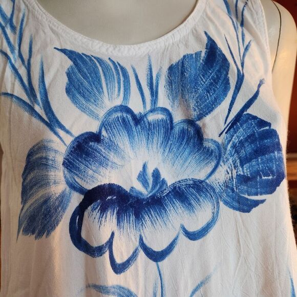 Sleeveless Seven Islands Midi Summer/Vacation Dress White Rayon Froral Front - Picture 3 of 10